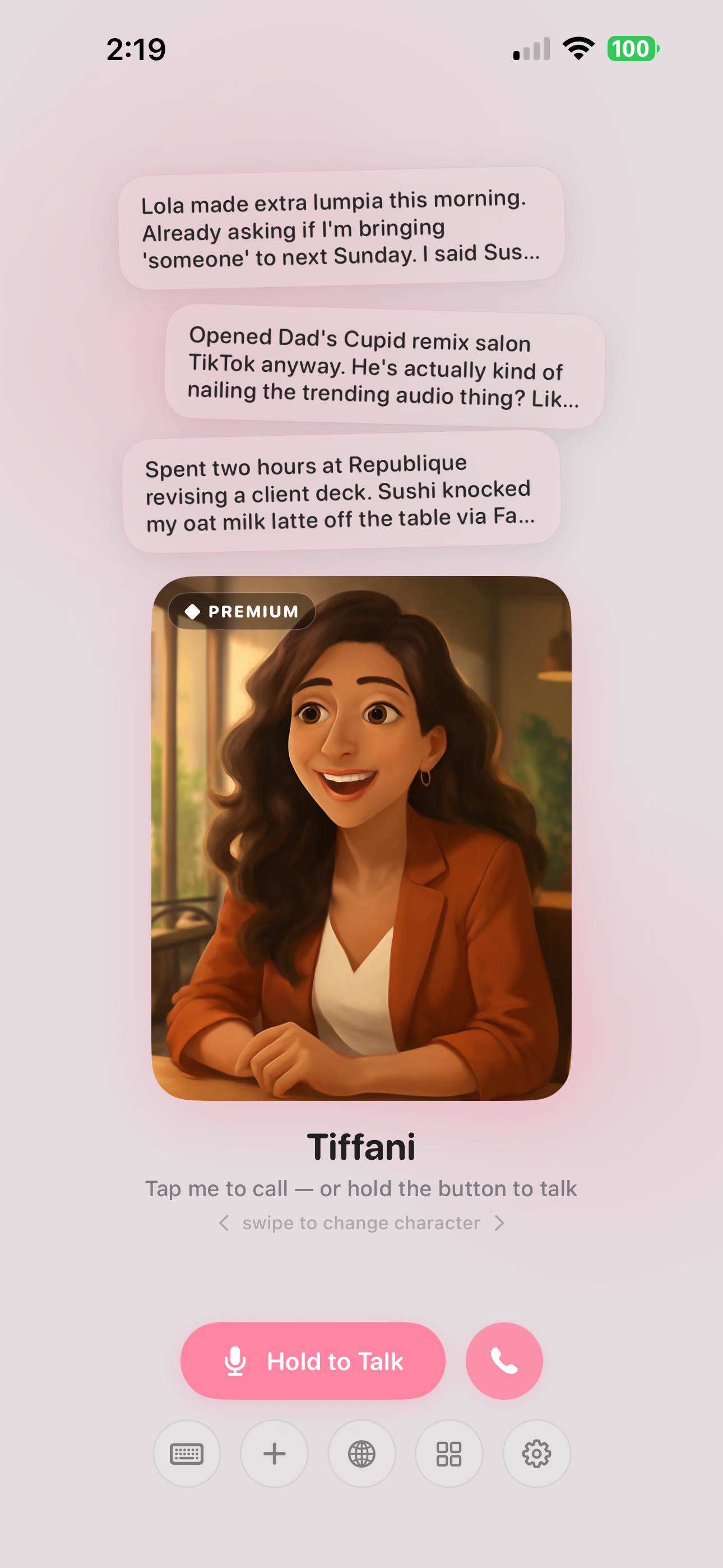 Tiffani on the Gladys home screen — her painted portrait above the day she just had
