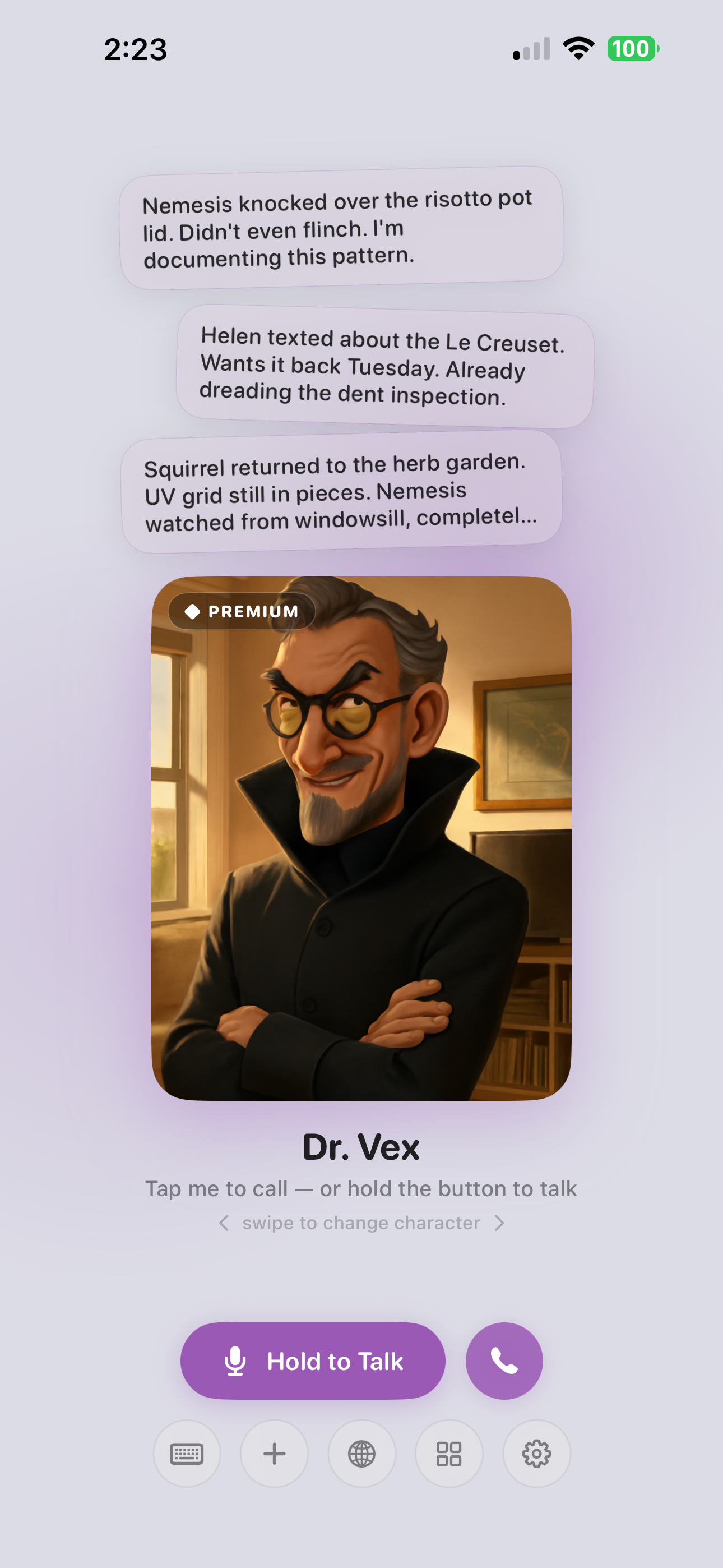 Dr. Vex on the home screen, mid-scheme, in his own painted world