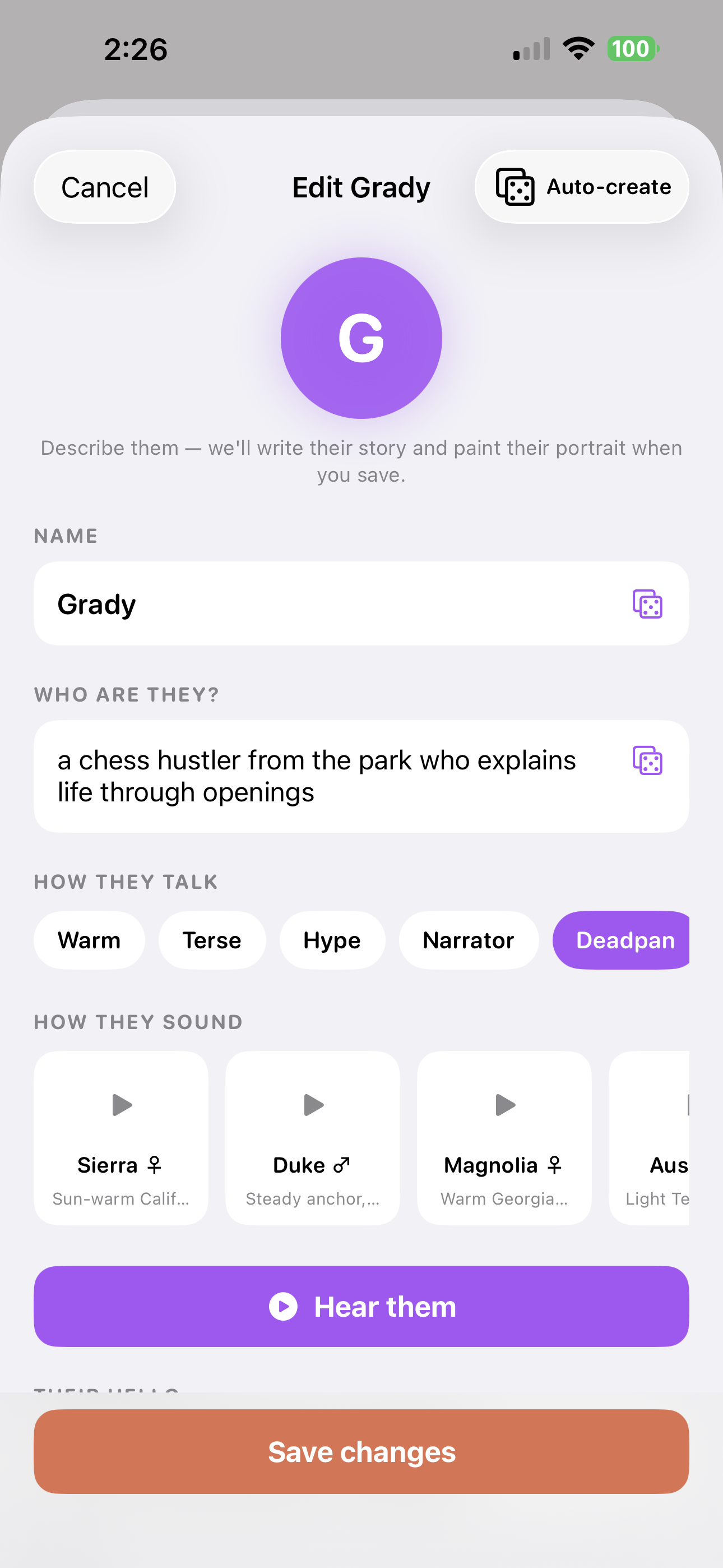 The create screen: a name, one line about who they are, how they talk, and real voices you can preview
