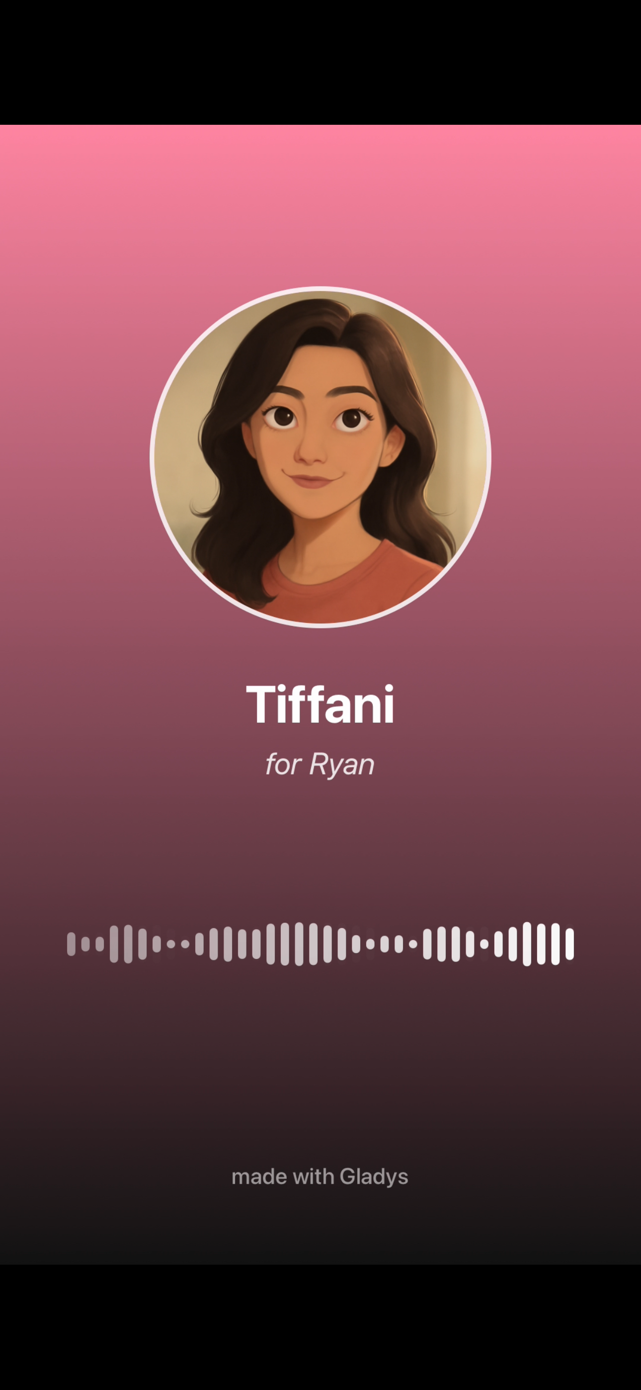 A voice postcard playing — Tiffani’s portrait over her accent color, “for Ryan”, a waveform moving with her voice